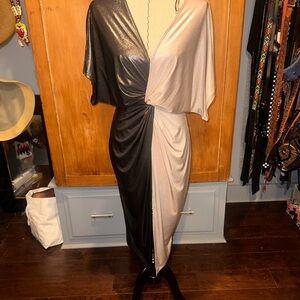 Two-Tone Black and Champagne Knot-Front Midi Dress